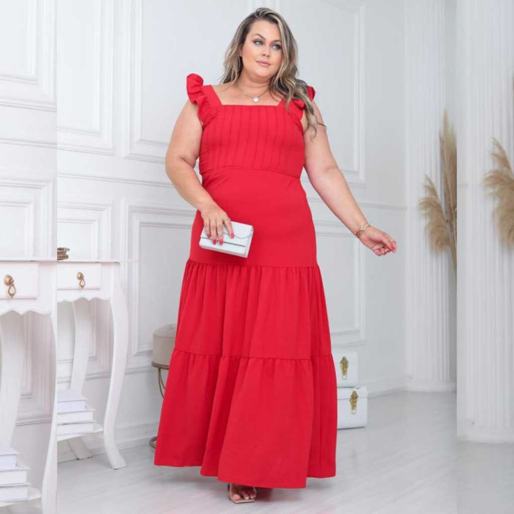 Vestido Longo Feminino Plus Size Três marias Luxo Com Babado na Manga Tendencia Tamanho Único 2026 01-26