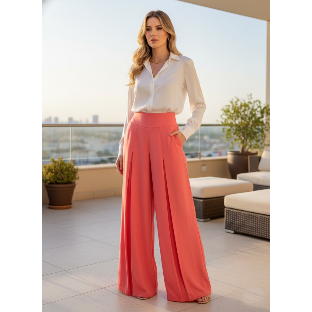 Calça Pantalona Feminina Alfaiataria com 3 Pregas Frontais Cintura Alta Wide Leg Estilo Social Elegante Soltinho em Oferta na Shopee