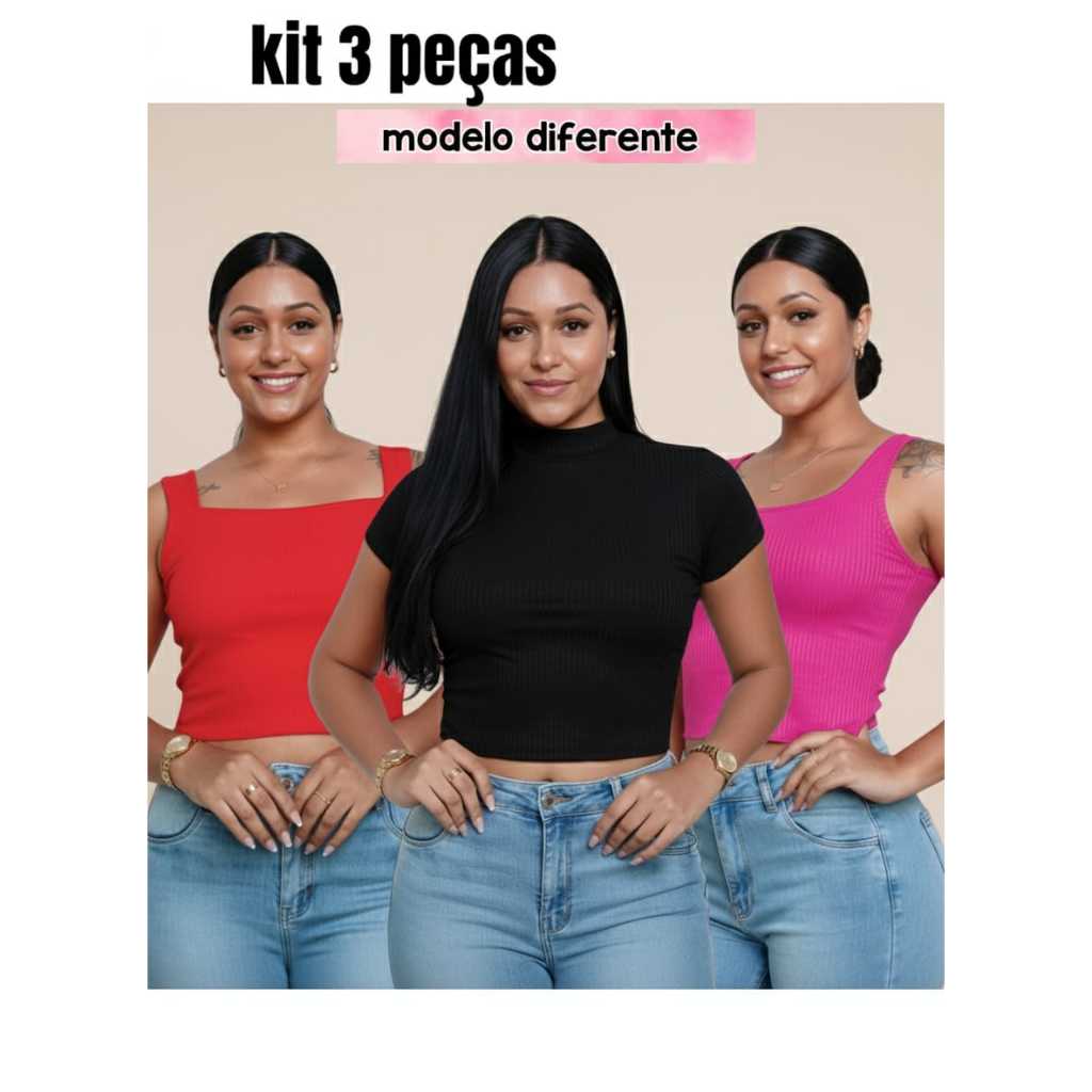kit 3 blusas cropped feminina modelos diferente manguinha gola alta regata e alça grossa malha canelada moda confortavel