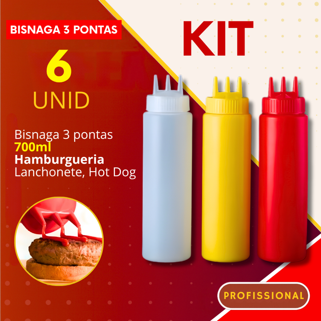 Kit 6 - Bisnaga Catchup Maionese Mostarda 3 Pontas 700ml para Molhos Profissional