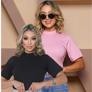 Kit 2 T-shirt Feminina Camiseta Gola Alta 100% Algodão Premium Blusa Estilosa Básica em Oferta na Shopee