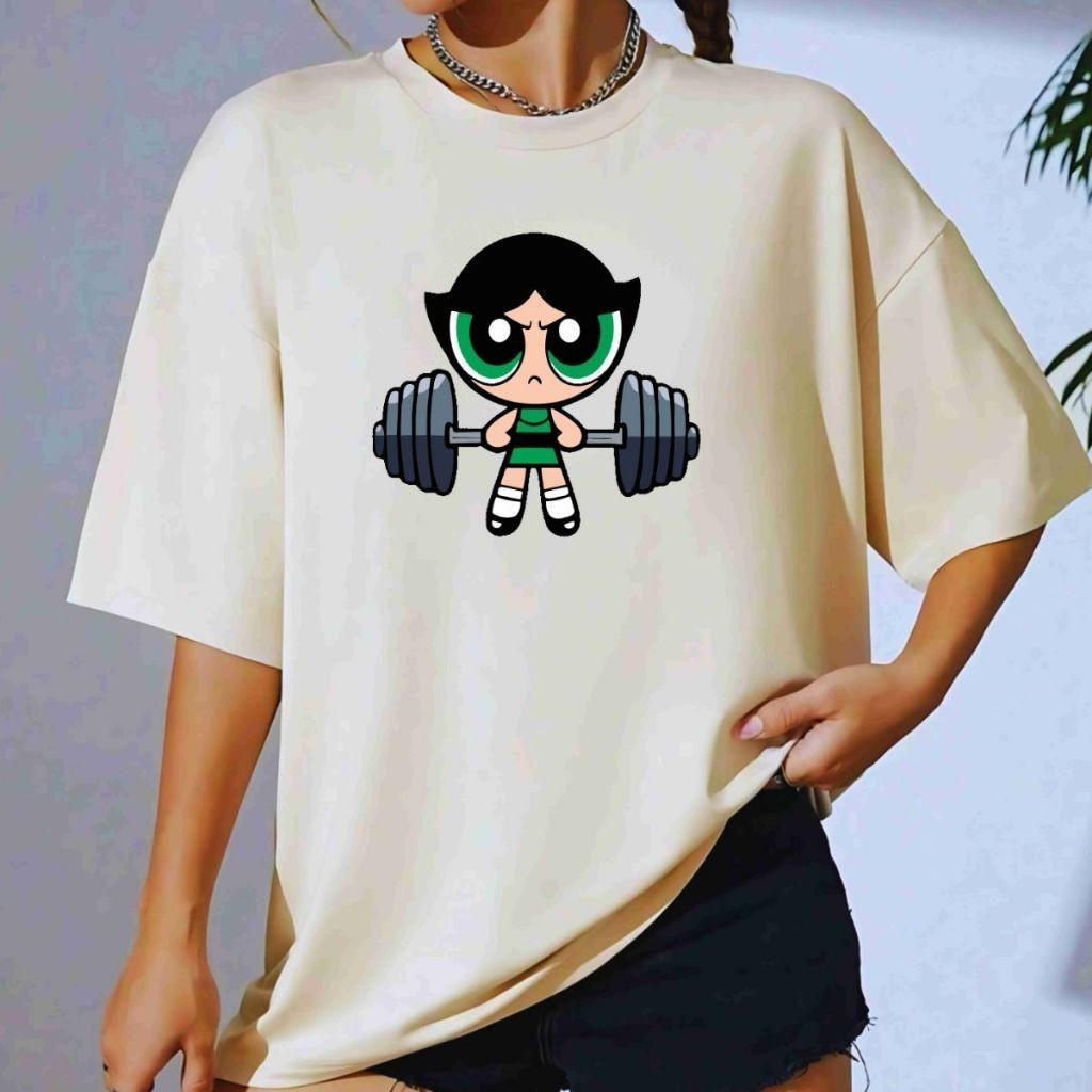 Camiseta Oversized Feminina Camisa de Academia Fitness Desenho Meninas Super Poderosas Docinho
