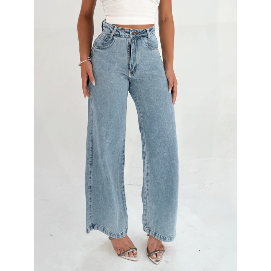 Calça jeans feminina pantalona wide leg calca com bolsa cintura alta pantalona