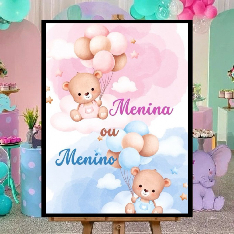 Quadro Decorativo Chá Revelação Ursinhos com Balões – Menina ou Menino