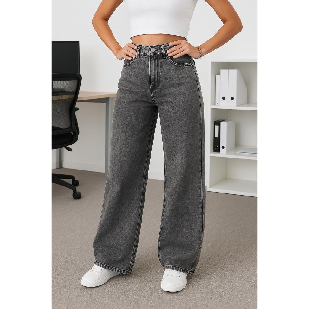 Calça Jeans feminina Wide Leg Marmorizada Pantalona boca larga cintura alta premium luxo