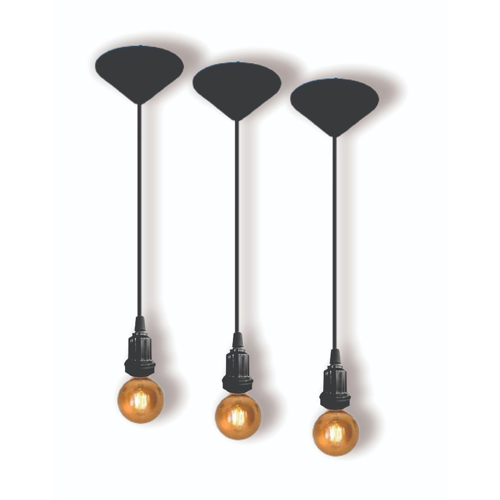 Kit 3 Fio Pendente Lustre Luminária de Teto Soquete Coluna E27 Cabo PP Preto 1mt 110/220