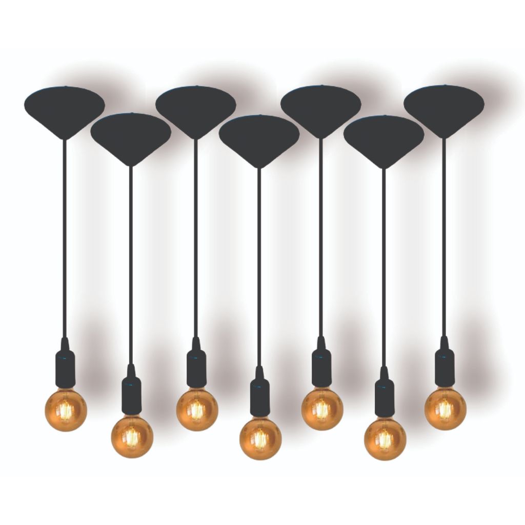 Kit 7 Fio Pendente Lustre Luminária de Teto Soquete Liso E27 Cabo PP Preto 1mt 110/220V