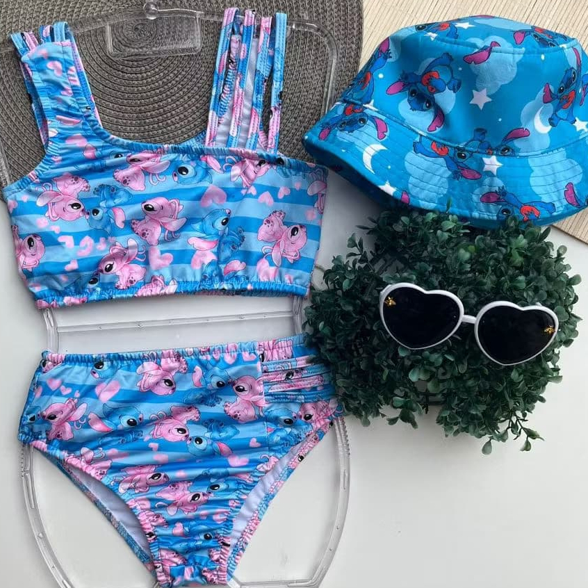 Biquíni infantil Stitch moda praia infantil juvenil tendência verão personagens blogueirinha