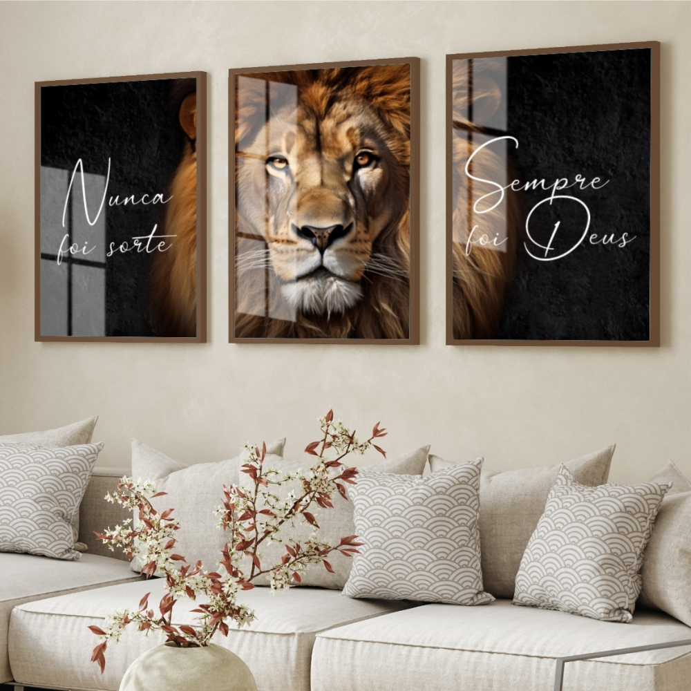 Quadro Decorativo Leão Nunca Foi Sorte Sempre Foi Deus Motivação Frase Religioso Com Moldura e Vidro