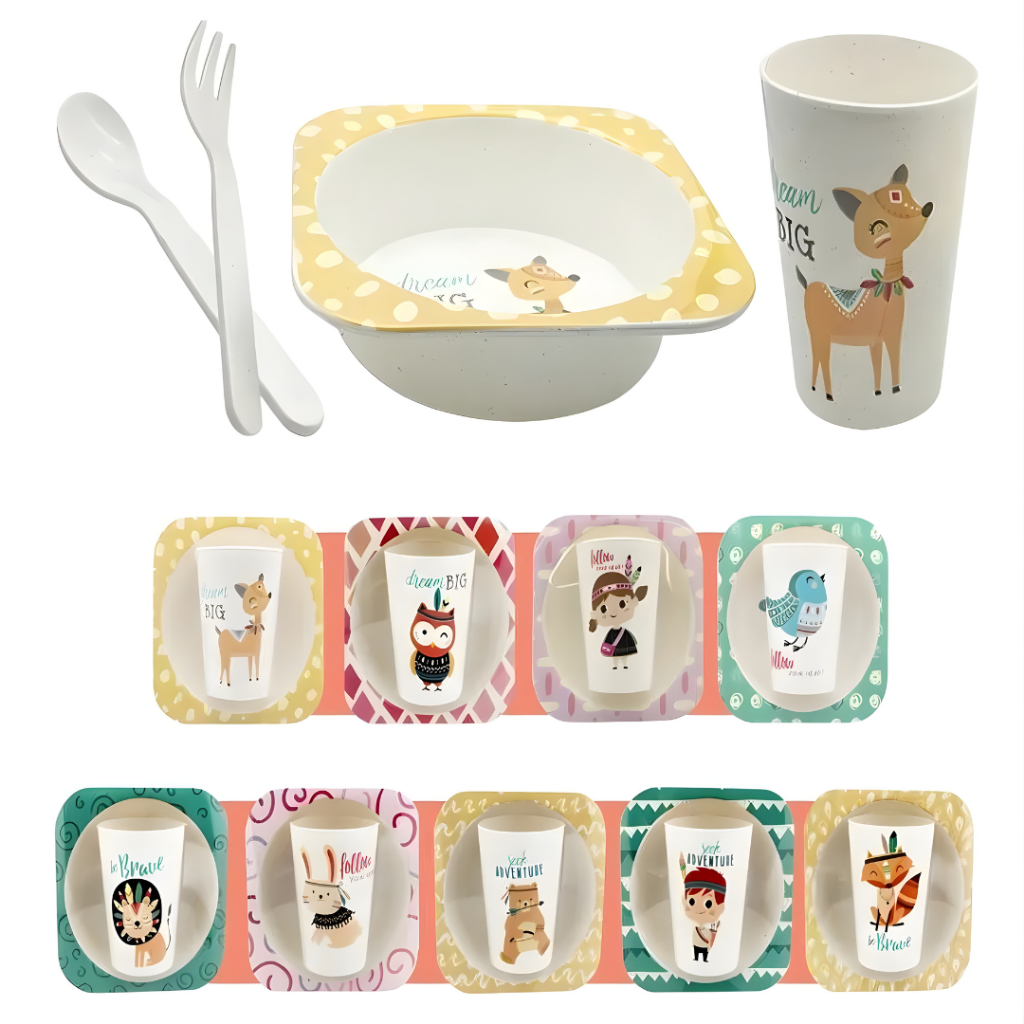 Conjunto Refeição Infantil Kit 4 Peças Papinha Colher + Garfo + Tigela + Copo