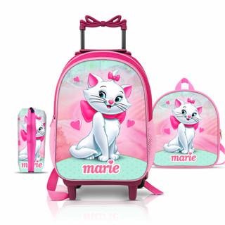 Kit Mochila escolar Gata Marie com Lancheira e Estojo - Carrinho de Rodinhas - Menina - F…