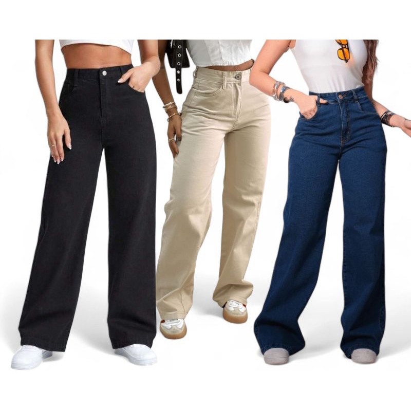 Wide Leg Jeans Cores Variadas em Oferta na Shopee