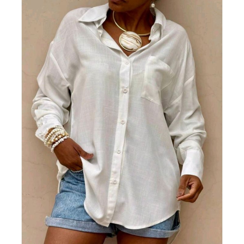 Camisa Feminina viscolinho Social Com Botão Manga Longa em Oferta na Shopee