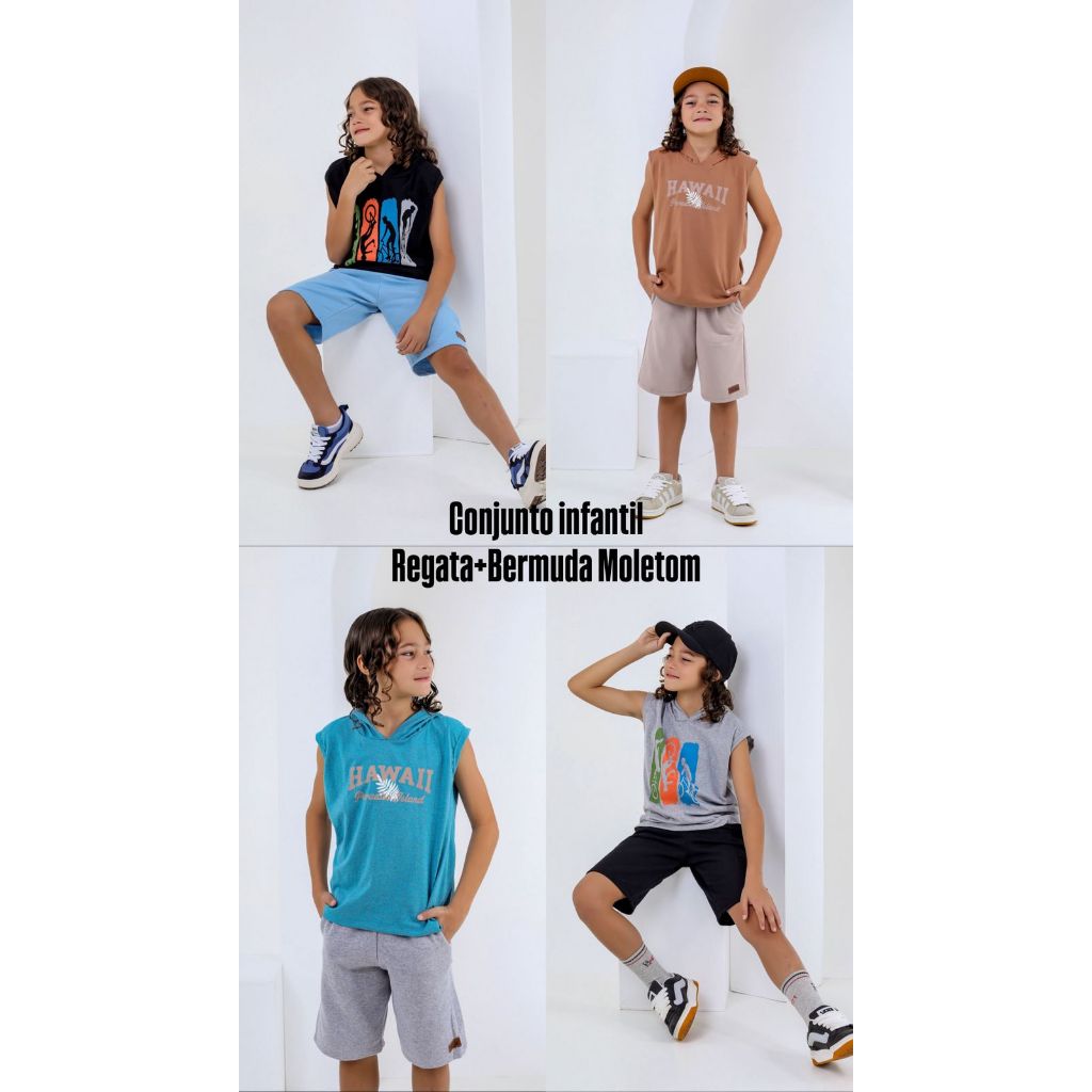 CONJUNTO INFANTIL CAMISA REGATA CAPUZ BERMUDA MOLETOM