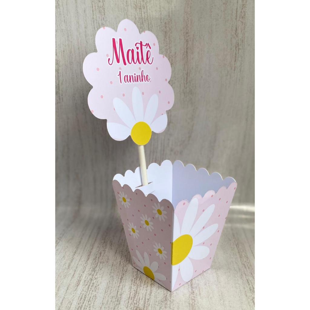 Centros de mesa Cachepot Margaridas Flor Rosa Personalizado com Nome | Cachepot Festa Infantil Chá Aniversário Decoração