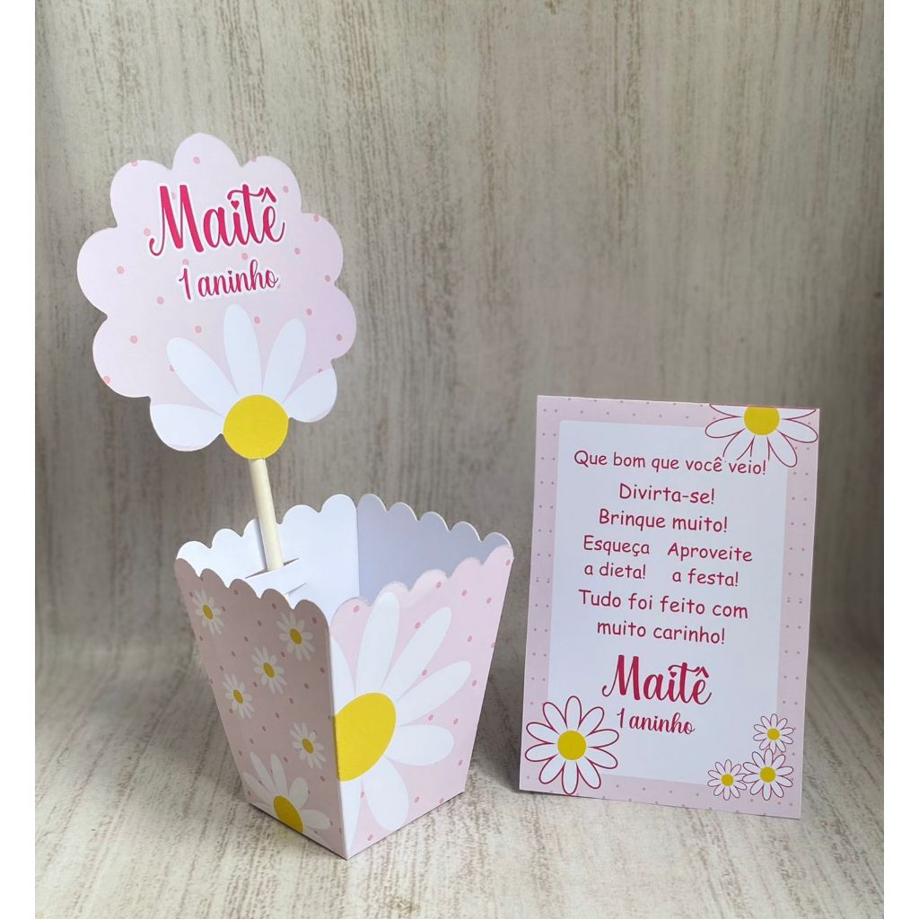 Kit Centro de mesa Margarida Flor Rosa Personalizado com Nome | Cachepot Festa Infantil Aniversário Chá