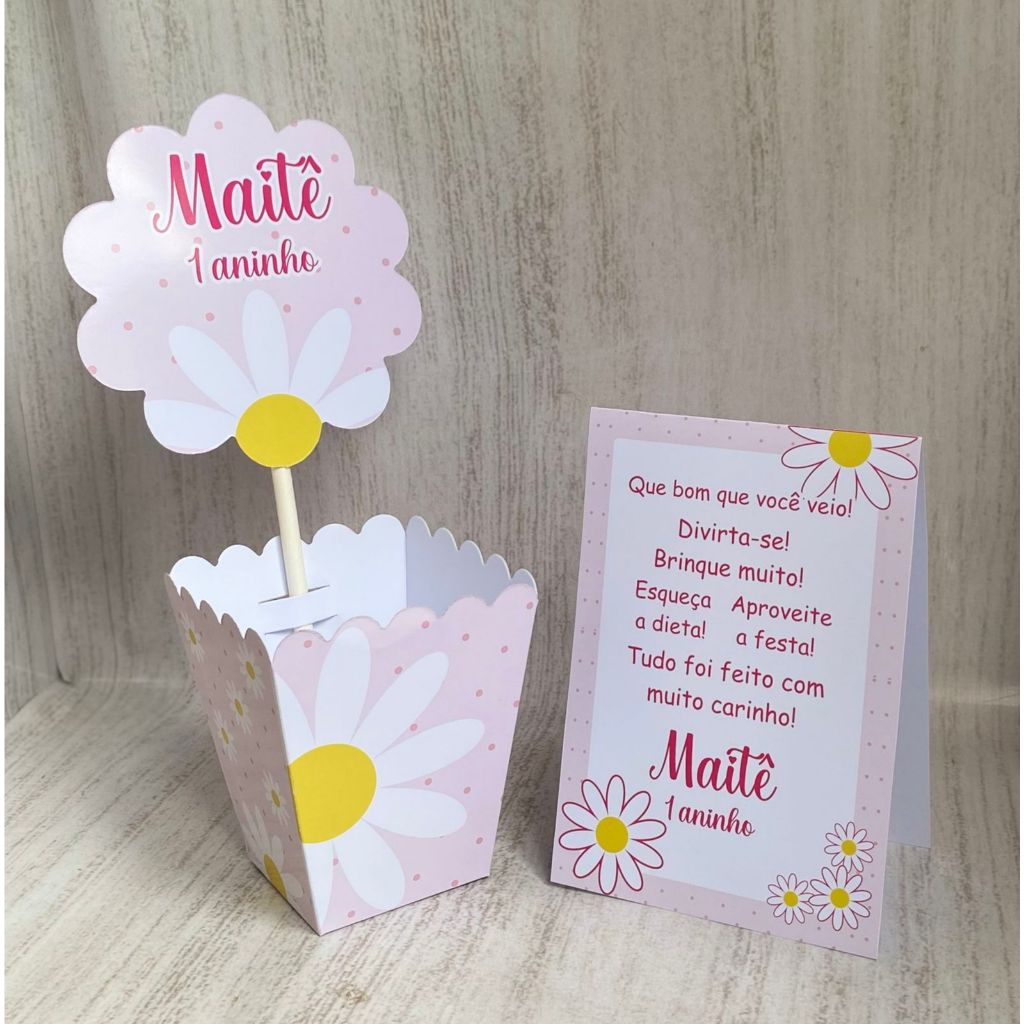 Kit Centro de Mesa Margarida Rosa Personalizado com Nome | Cachepot Flores Festa Infantil Jardim Floral |Chá Aniversário