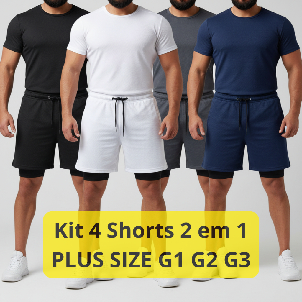 Kit 4 Shorts 2 em 1 PLUS SIZE Bermuda Masculina Academia duplo Compressão Bolso Celular Ultra Leve