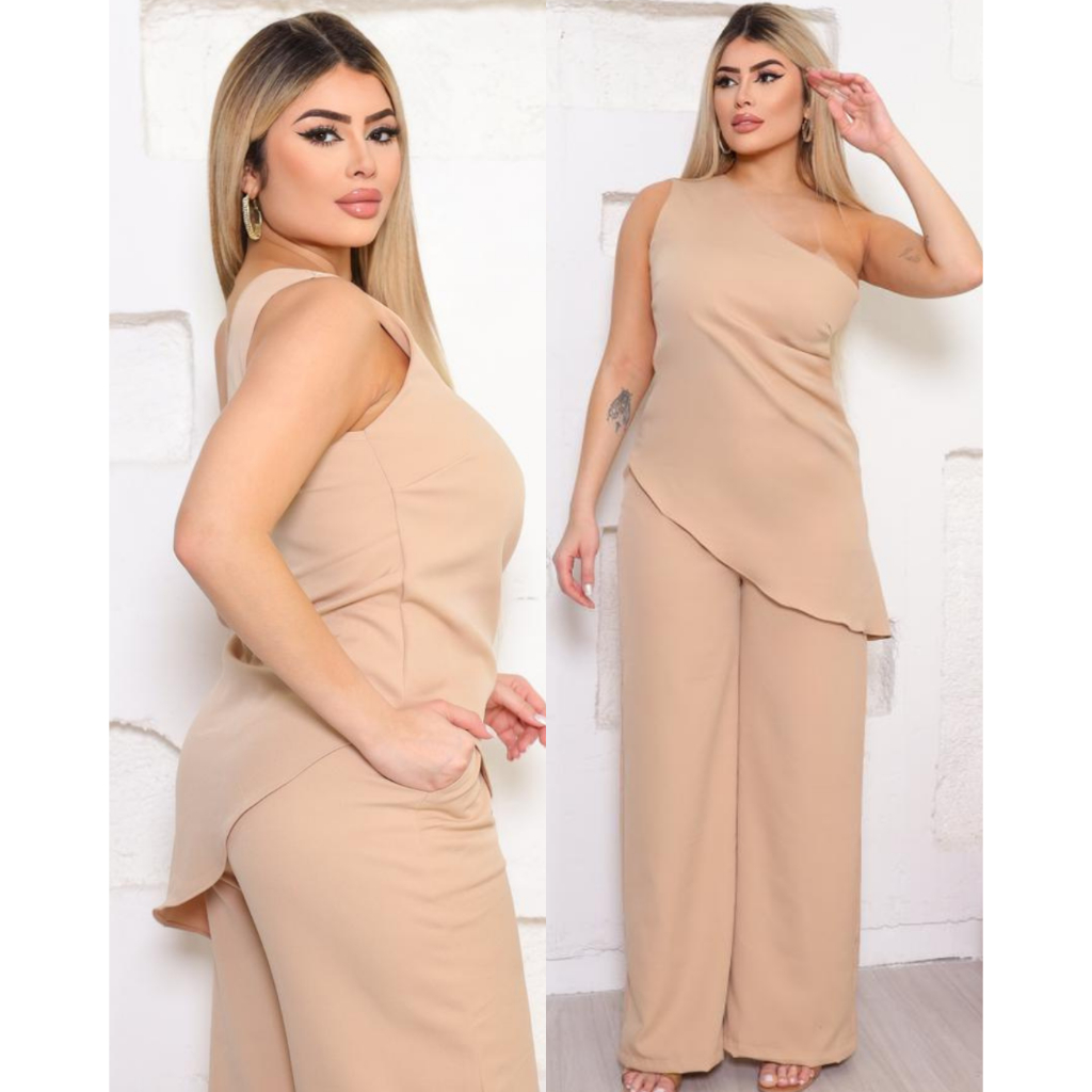 conjunto feminino pantalona e  blusa mula manca ,caimento assimetrico  alfaiataria