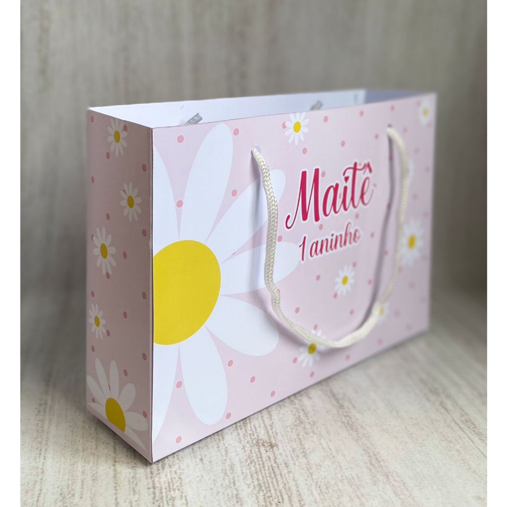 Sacolinha Surpresa G Margarida Flor Rosa  Personalizada com nome Festa Infantil Chá Aniversário Lembrancinhas