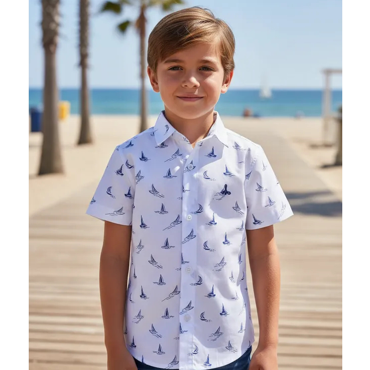 Camisa Social Com Estampas Barquinhos Pássaros Coqueiros Infantil Juvenil Manga Curta Masculina Alfa 1600