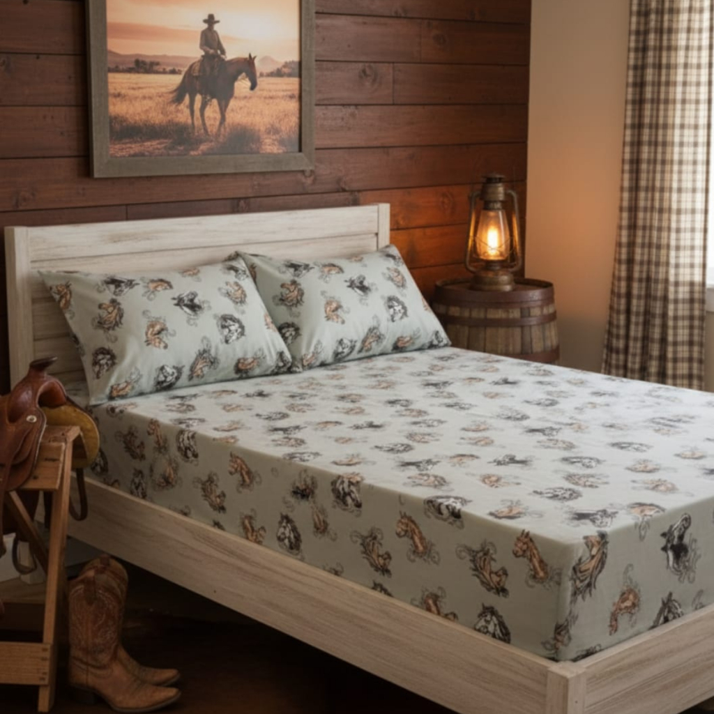 Jogo De Cama Country Cama Casal 3 Peças Estampa Cavalo C/ Elástico