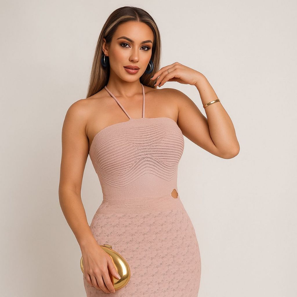 Vestido Longo Feminino Tricot Modal Rendado Premium RS Malhas | Verão Elegante Sem Mangas
