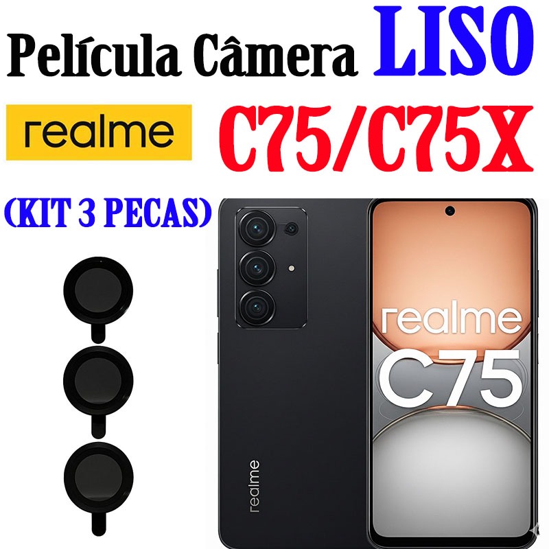 (KIT3PCS)Película De Câmera Liso P/ REALME C75/C75X Protetor De Lente Com Anel De Metal Vidro Temperado