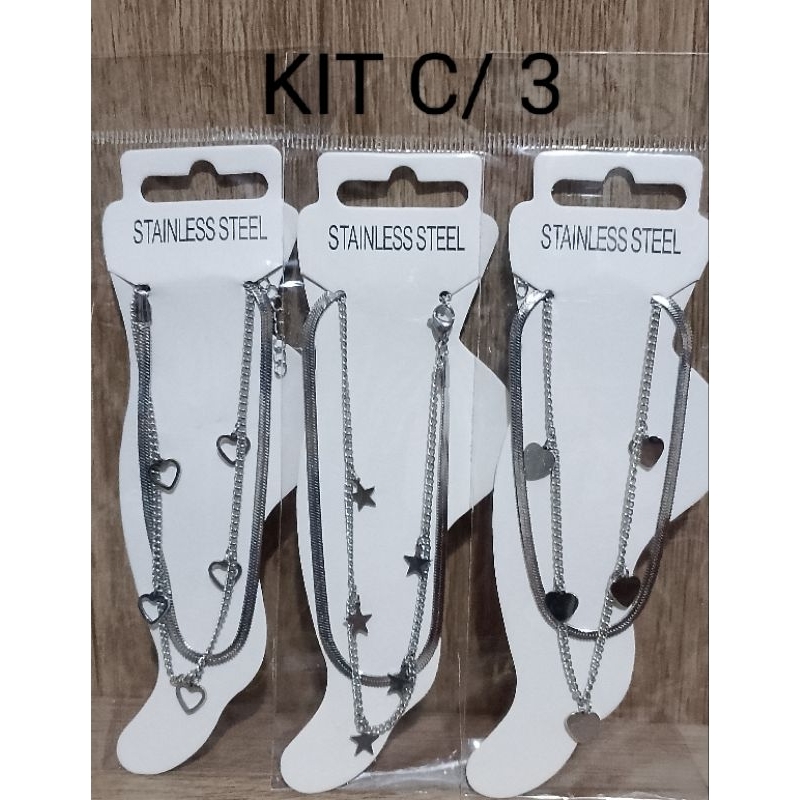 KIT 3 Tornozeleira Aço Inox Prata Não Oxida(Coração Vasado + Coração Cheio + Estrela)