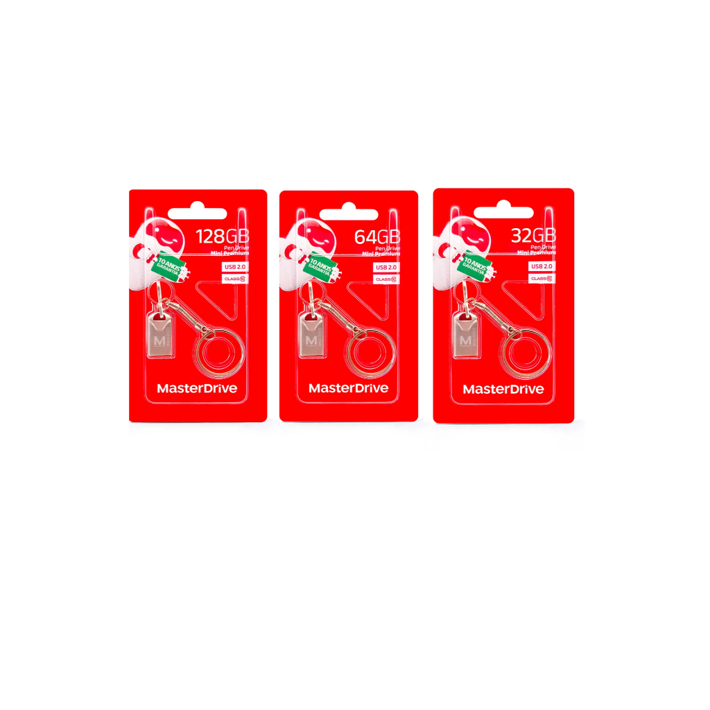 Kit com 3 Pen Drive da MasterDrive sendo uma unidade do 32/64 e 128GB USB 2.0 Mini Premium