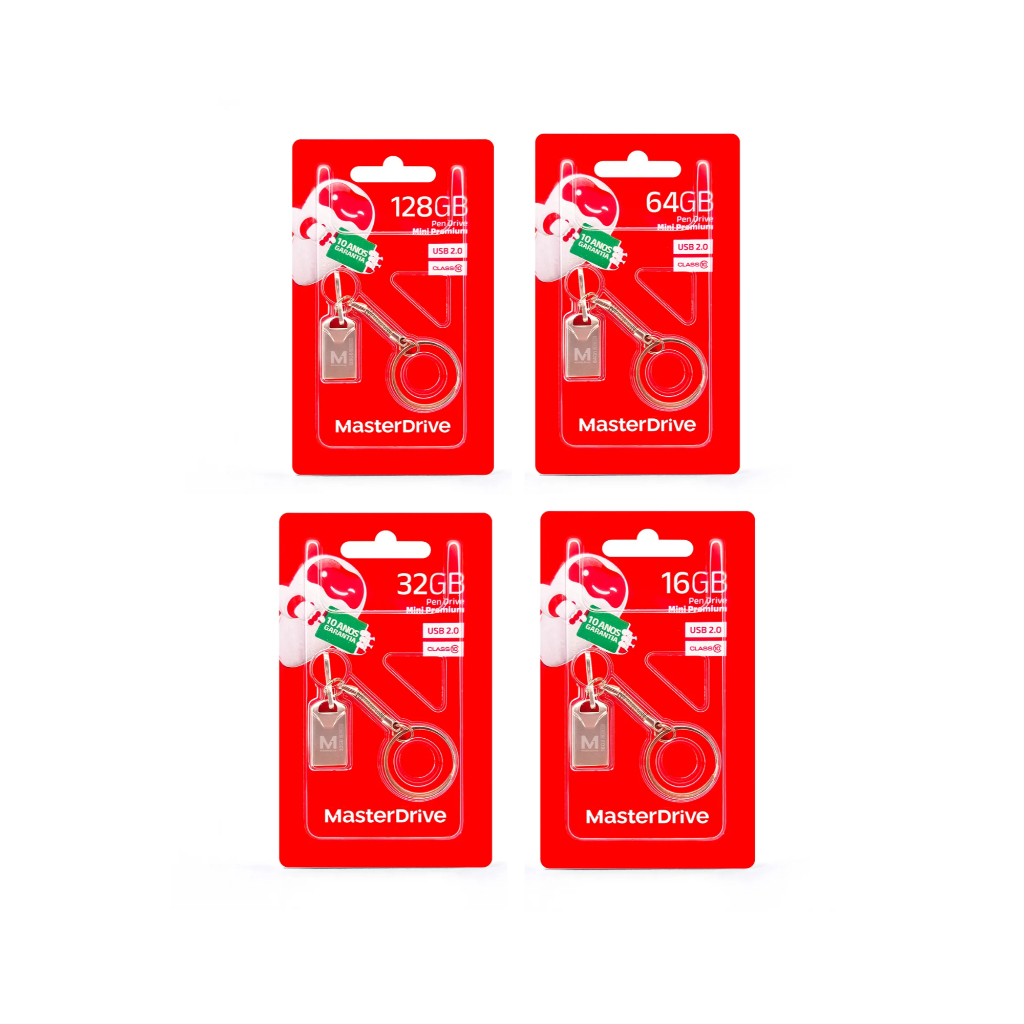 Kit com 4 Pen Drive MasterDrive sendo uma unidade do 16/32/64 e 128GB USB 2.0 Mini Premium