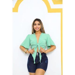 Blusa Cropped De Amarrar Na Frente Laço Manga curto em Oferta na Shopee