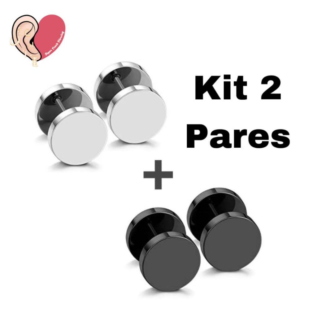 Kit 2 Pares Brinco Falso Alargador Preto e Prata Masculino feminino unissex KA429 em Oferta na Shopee