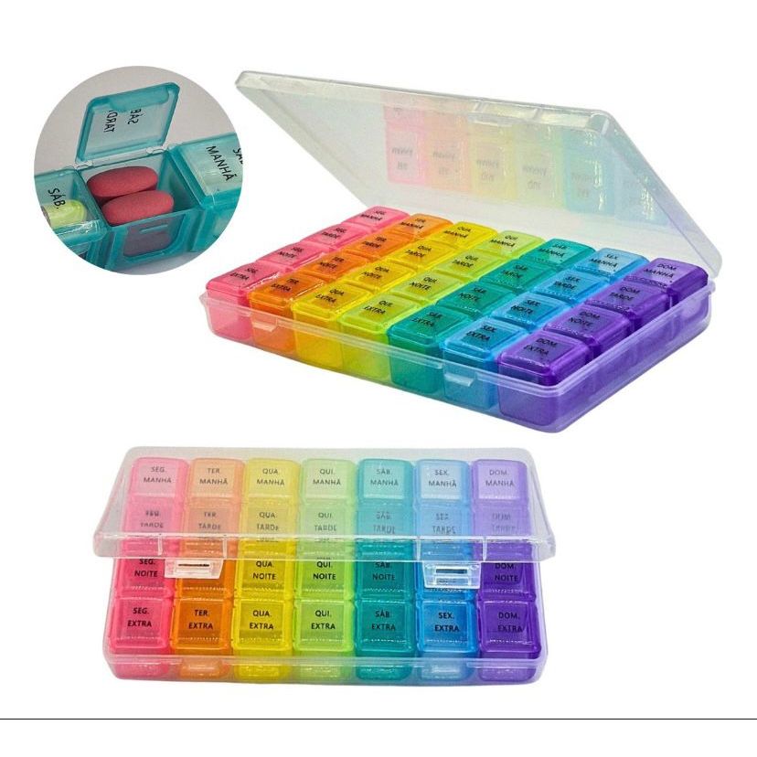 Porta Comprimidos Organizador De Remedios Semanal Caixa Para Medicamentos Colorido Com Tampa