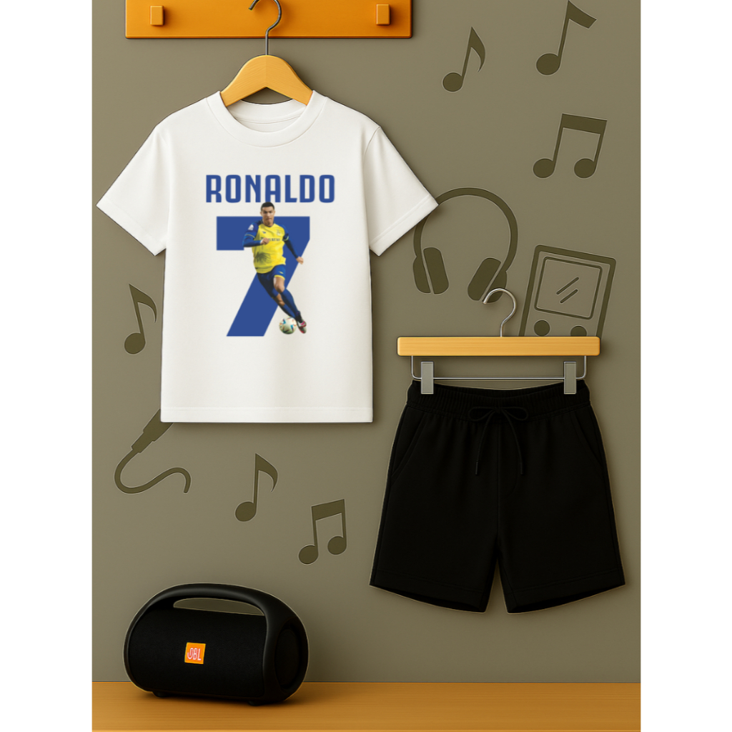 Conjunto CR7 Cristiano Ronaldo Camiseta e Bermuda Moletom Infantil Juvenil Short Menino Menina Algodão Macio