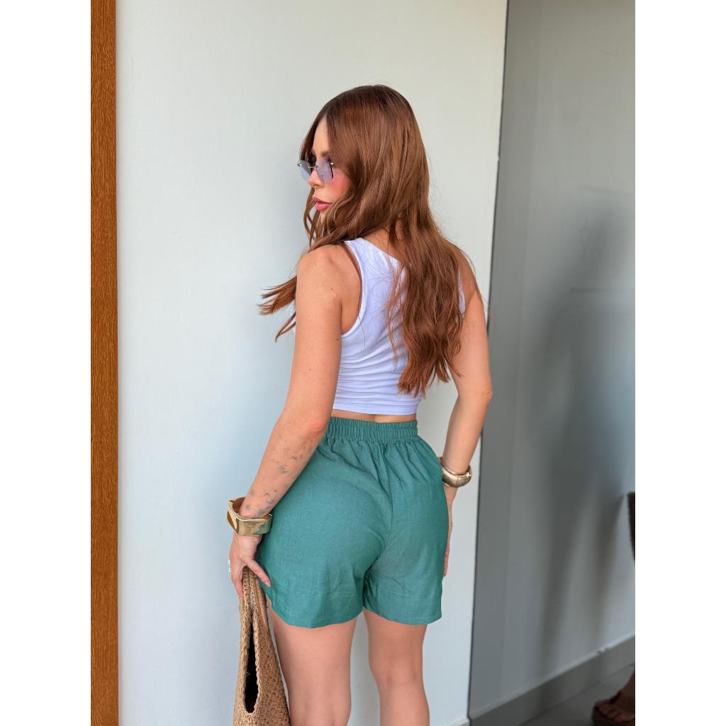 Short feminino chambray, short leve verão, short casual confortável, short soltinho feminino, short jeans leve.