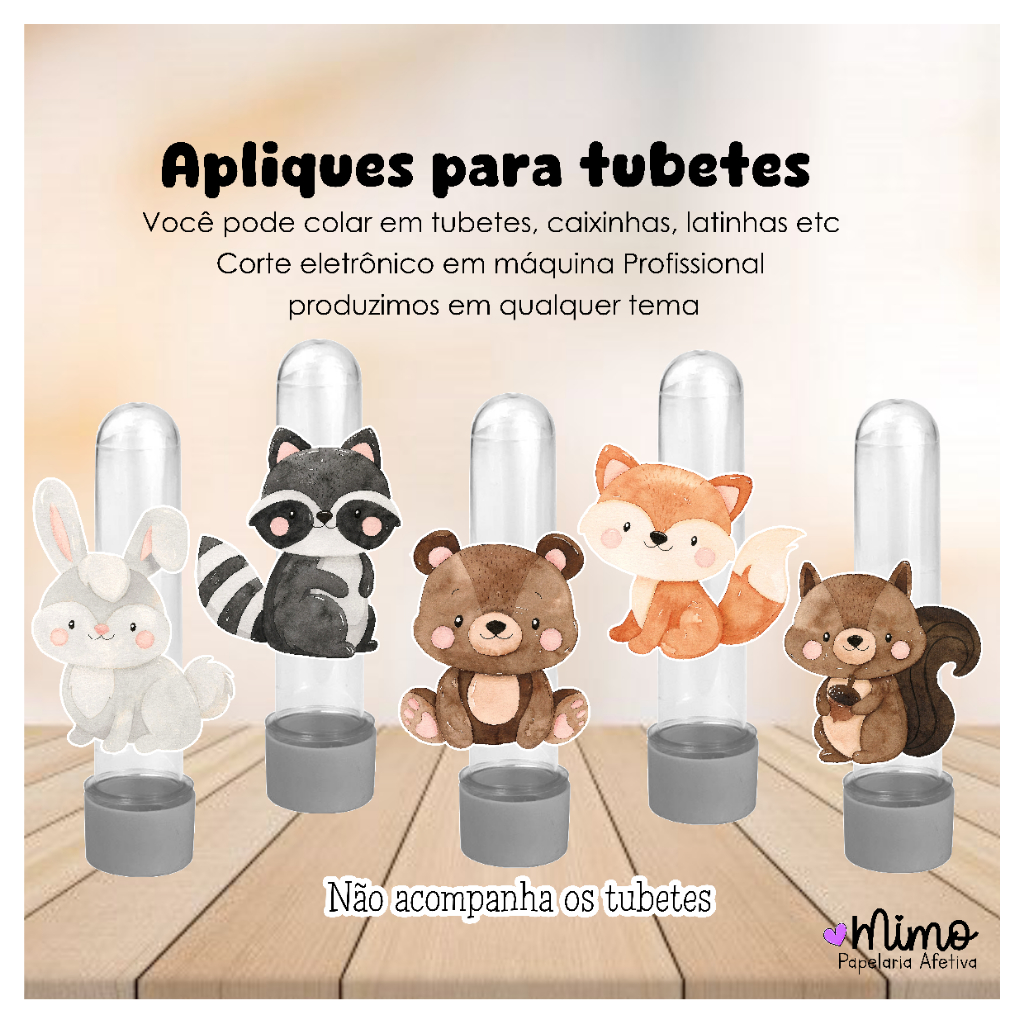 Kit Aplique 3D Bosque Encantado 8cm para Tubete – Papel Fotográfico Festa Infantil (15, 30 ou 45 un)
