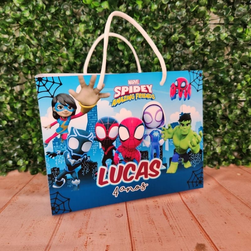 Sacolinha G Personalizada Homem Aranha Baby e Amigos Spidey Lembrancinha Aniversário Festa Infantil