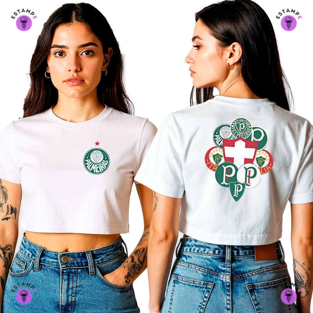 Camisa Cropped Palmeiras Escudos Verdão Blusa 100% Algodão Premium Adulto Feminino