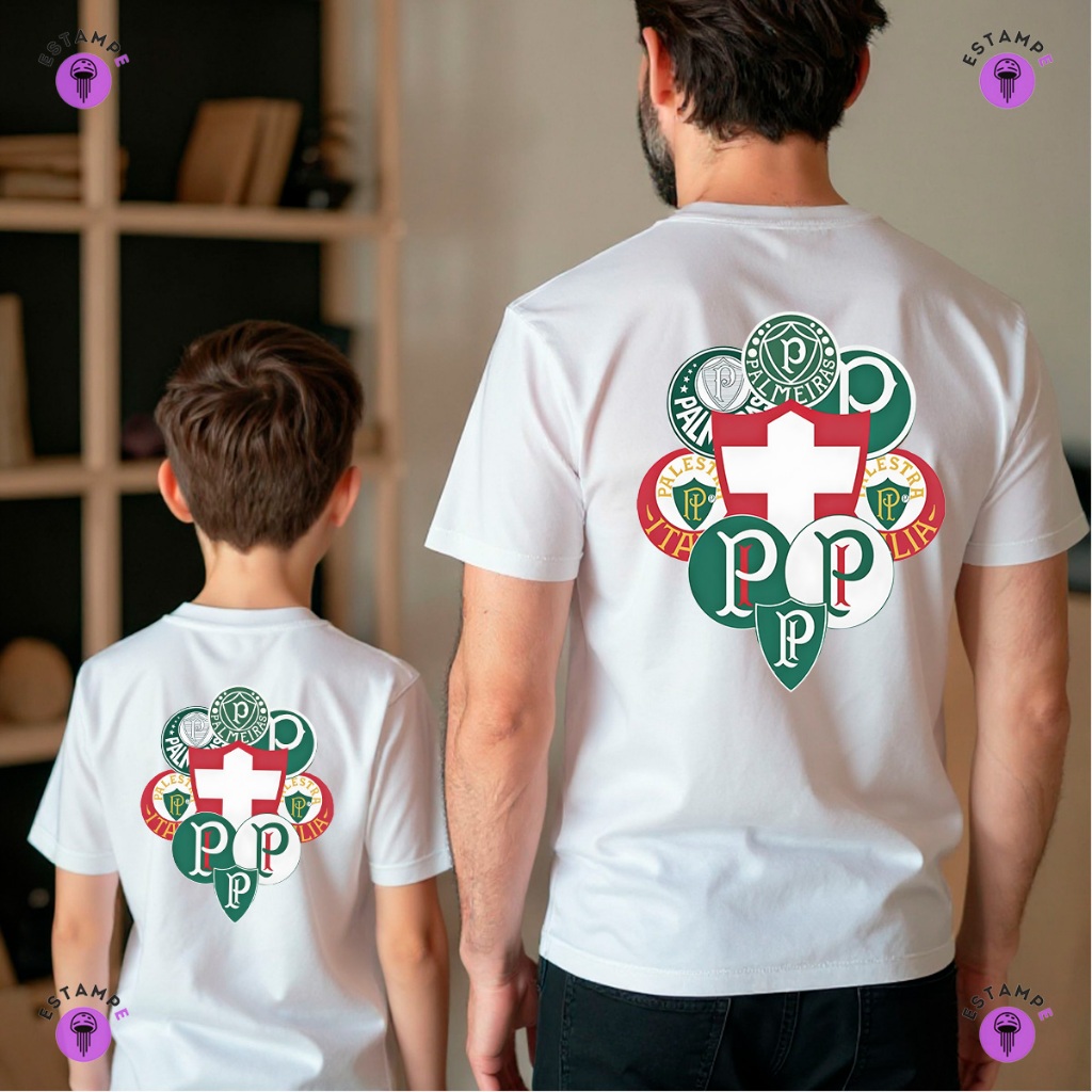 Kit 2 Camisetas Pai e Filho Adulto e Infantil Palmeiras Escudos Futebol Camisa 100% Algodão Premium Masculino Feminino
