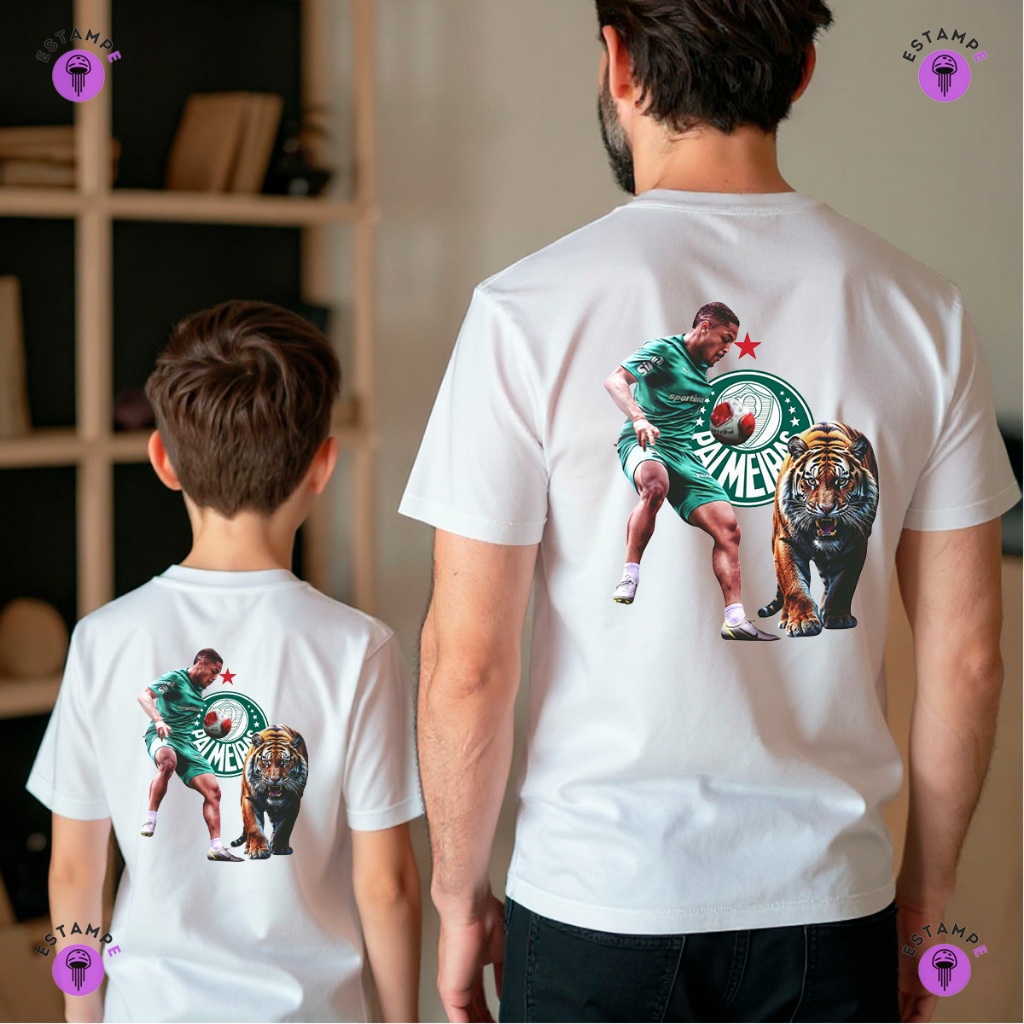 Kit 2 Camisetas Pai e Filho Adulto e Infantil Palmeiras Vitor Roque Tigre Camisa 100% Algodão Premium Masculino Feminino