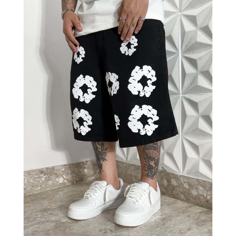 Bermuda Jorts Baggy Jeans “Flowers” - Preto em Oferta na Shopee