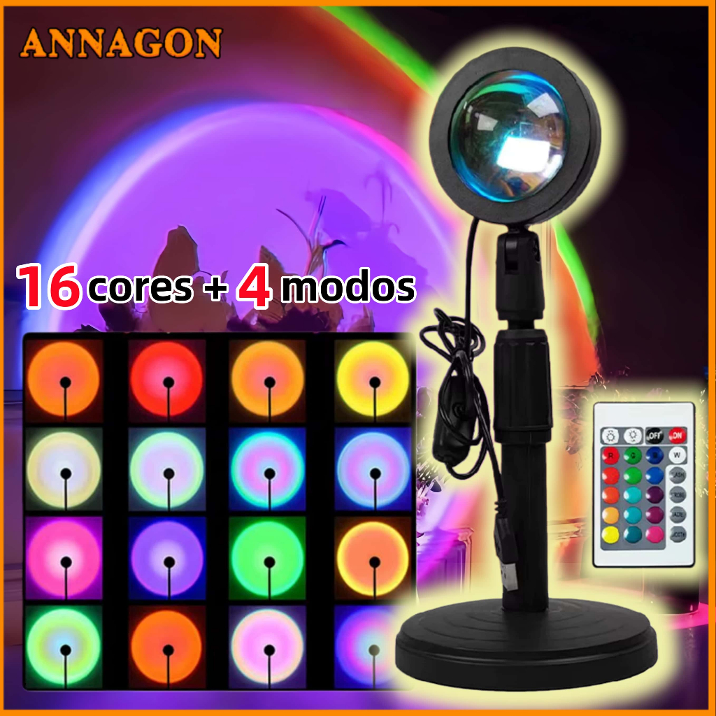 Lâmpada de Pôr do Sol Projeção Led Sunset USB 16 Cores Ajustáveis Decoração de Quarto ANNAGON em Oferta na Shopee