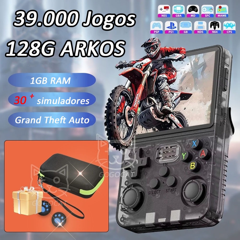 128G Console Portátil R36S + de 39.000 Jogos Vídeo Game 3.5 Polegadas Tela IPS Presente 2025 GTA PSP