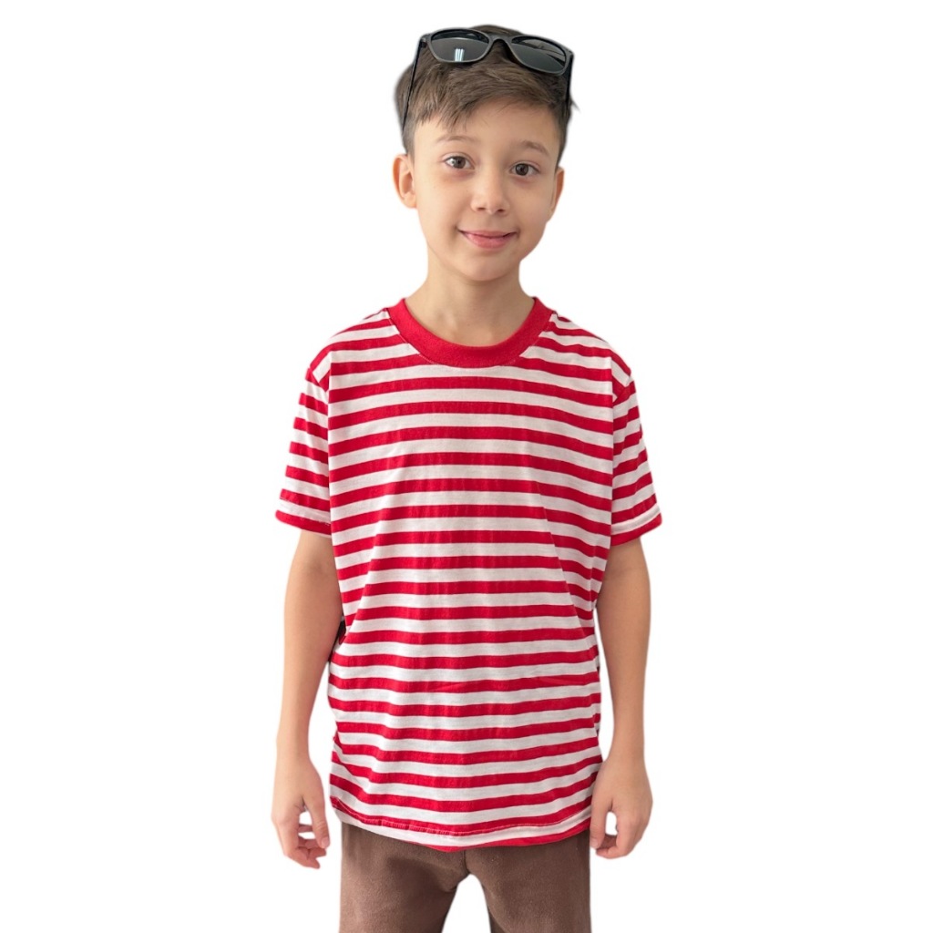 Camiseta Viscolycra Infantil Oversized Listrada Vermelha Stecchi em Oferta na Shopee