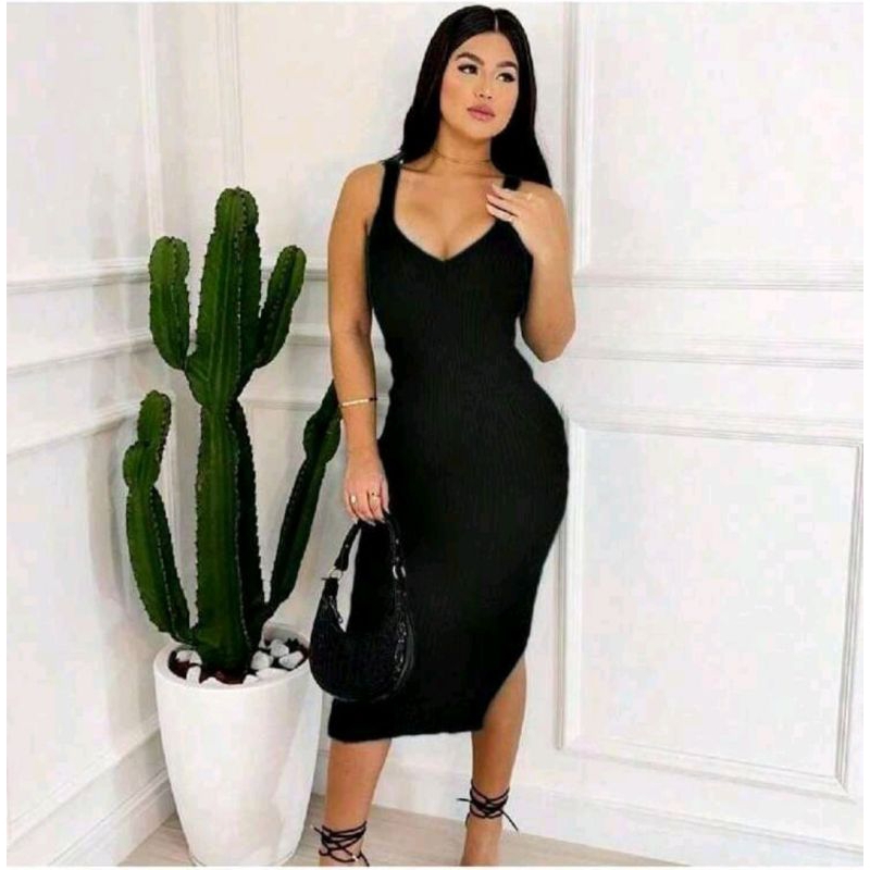 Vestido Midi Tricot longo Elegante Decote V Regata Tubinho Moda Blogueira Canelado