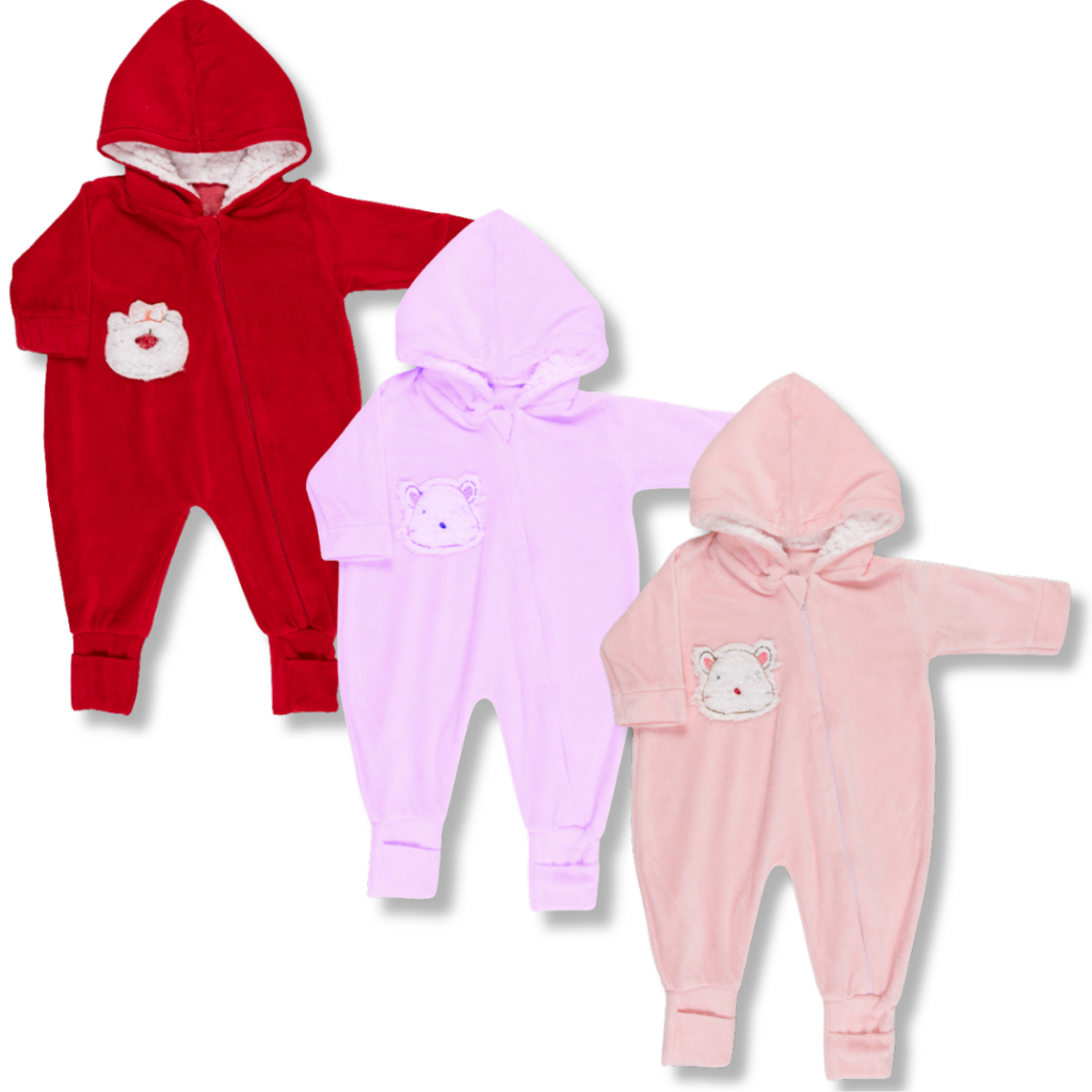 Kit 3 Peças Macacão Bebe Plush  C/ Ziper Bordado Capuz Pelúcia Pele De Carneiro Menina