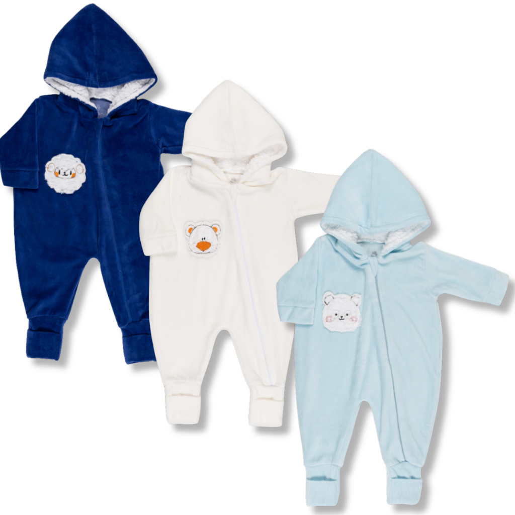 Kit 3 Peças Macacão Bebe Plush  C/ Ziper Bordado Capuz Pelúcia Pele De Carneiro Menino