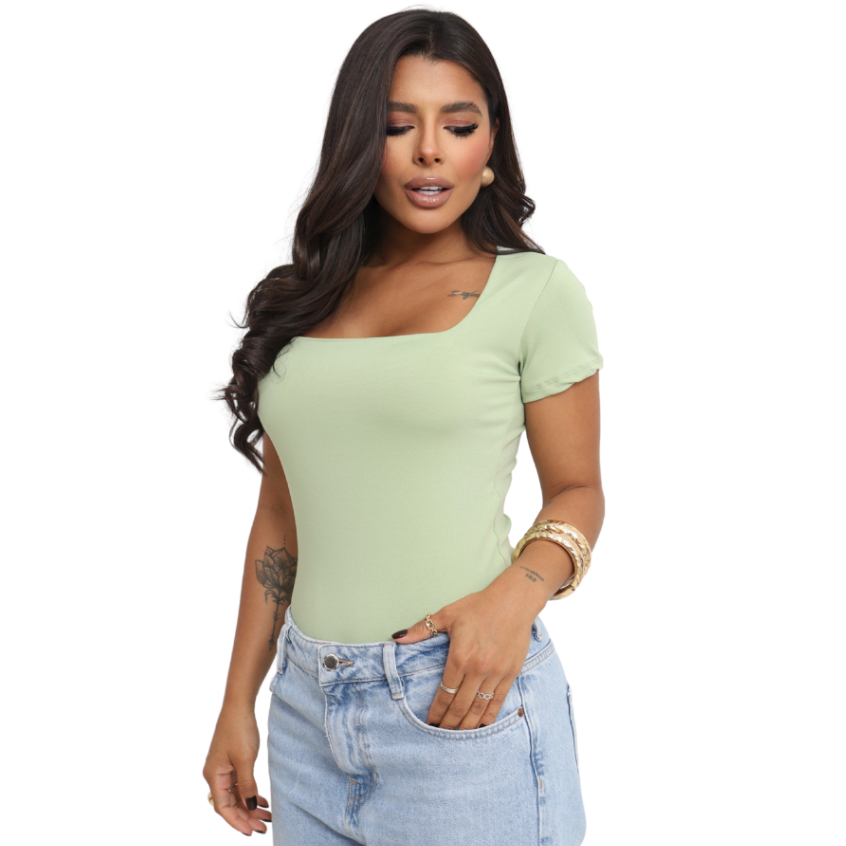 Blusa Suplex Feminina de Manga Curta Decote Quadrado com Forro no Busto Casual Dalila