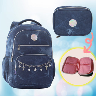 2027 Nova Mochila Juvenil Feminina Jeans Tie-Dye Style || Mochila Escolar Opcional com Estojo Box - MF8213